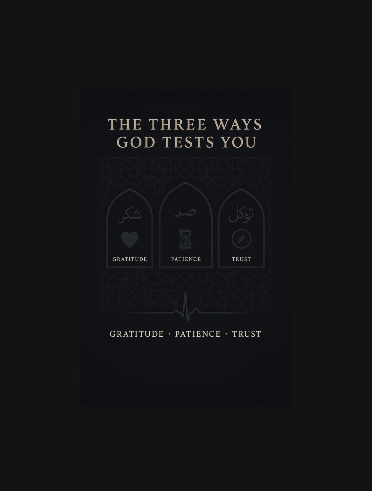 The three ways God tests you — gratitude, patience, trust — over Islamic geometry