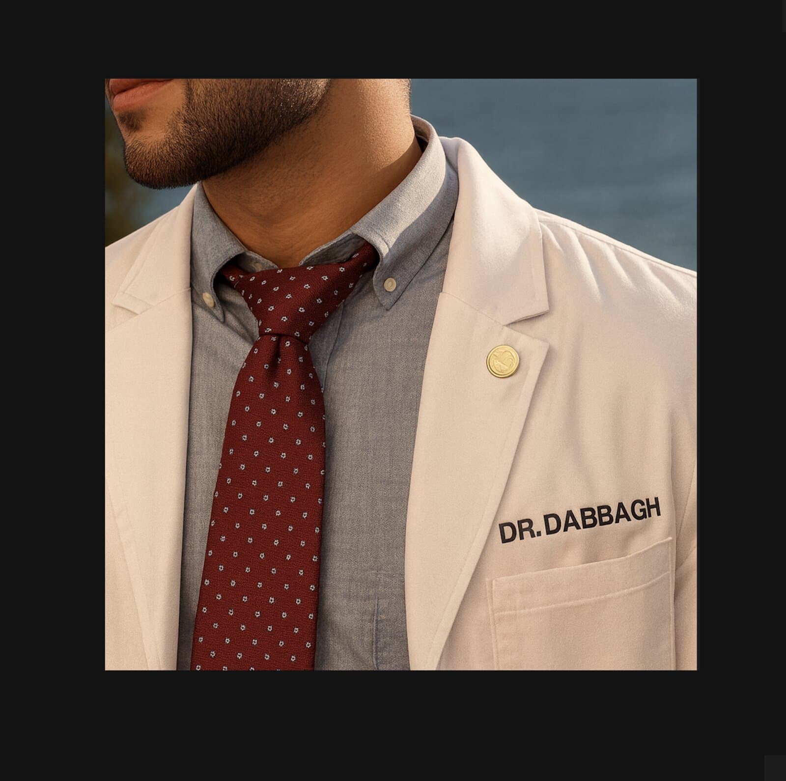 A maroon tie and white coat reading DR. DABBAGH