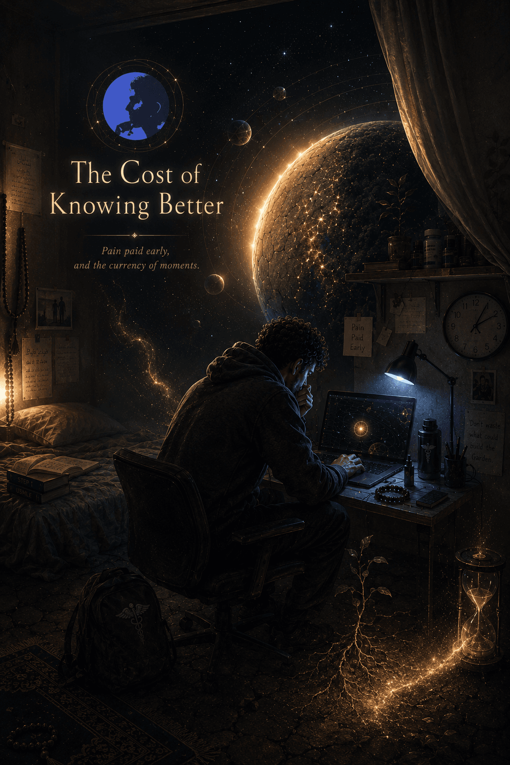 A medical student working beside an orbiting Sanctum world under the title The Cost of Knowing Better