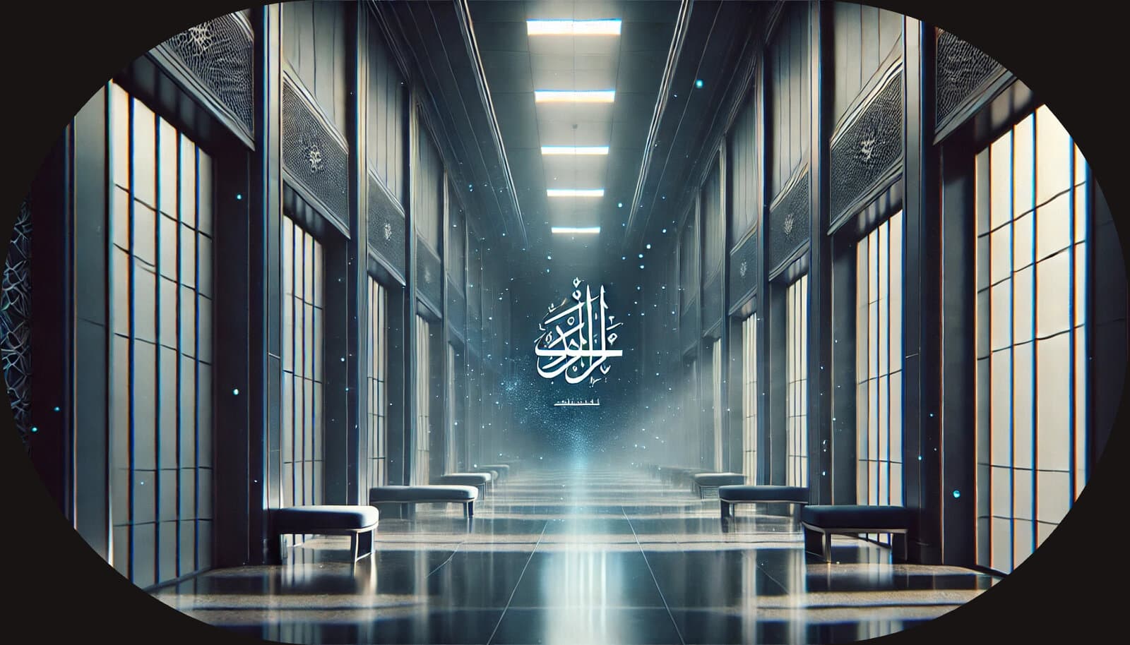 A misted corridor of glass and steel, calligraphy suspended in the light