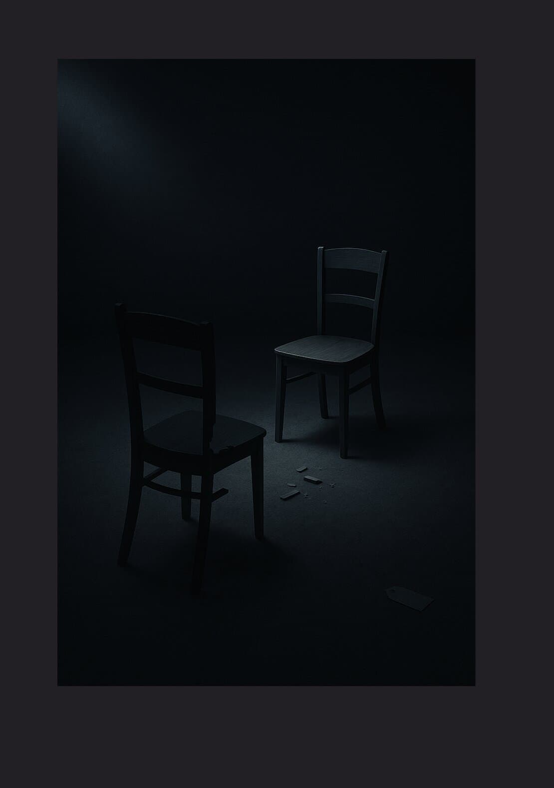 Two chairs in a dark room, a price tag dropped on the floor
