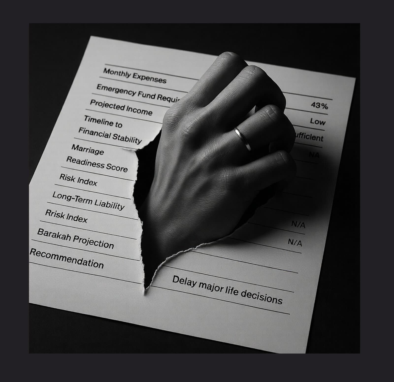 A hand tearing through a printed life-readiness forecast