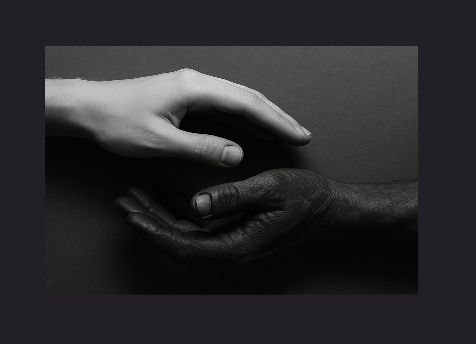 Two hands meeting in the dark — one offered, one receiving