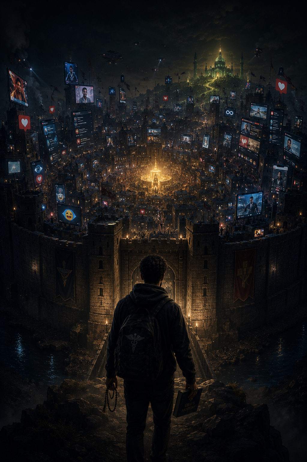 A fortified city under siege by screens, feeds, alerts, icons, and artificial novelty. The sacred center remains lit, but surrounded. This figure represents attention as a contested territory. The visual argument is that distraction is not passive; it is invasive, architectural, and strategic. Silence must be defended before obedience can occur.