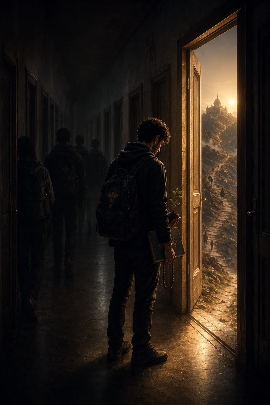 A hallway of doors, some closed and one open toward light. The central figure carries a book, prayer beads, and a seedling. The fading silhouettes behind him represent those who did not pass through the same threshold. The figure does not argue for superiority. It argues for responsibility. Survival is not evidence of entitlement; it is evidence of entrusted duty.