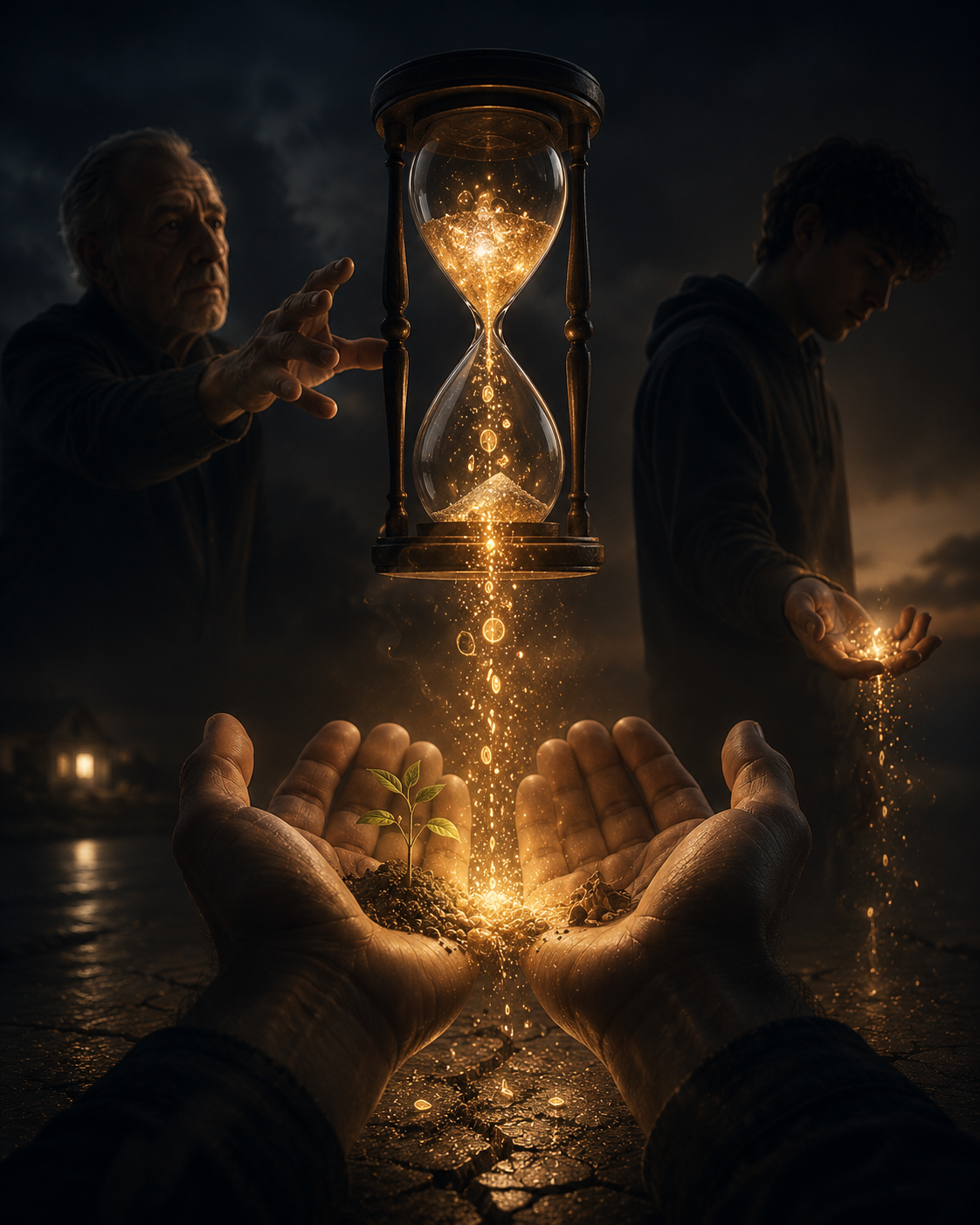 An hourglass spilling golden moments into open hands. Some moments become growth; others are lost. The older figure reaching toward the hourglass represents the irreversible value of youth. This figure visualizes time as a nonrenewable currency. The central claim: every moment is spent whether it is invested or wasted.