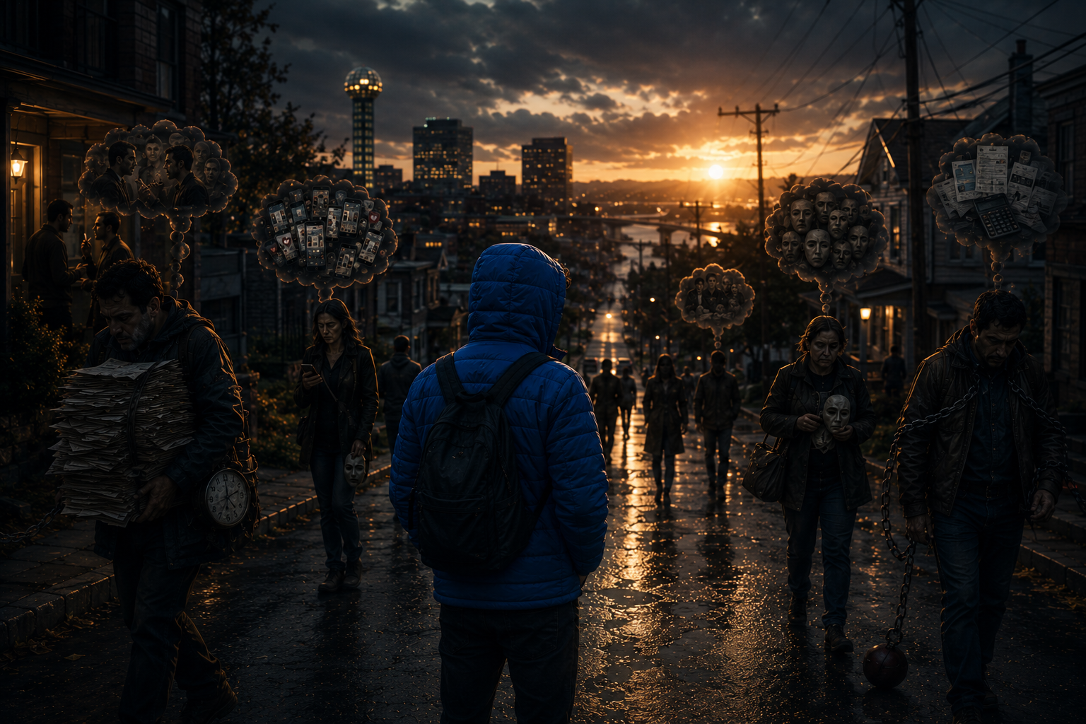 A familiar street populated by people carrying altered versions of the same burdens. The figure represents environmental and behavioral recurrence: old routines with new problems, familiar lives with updated anxieties. The central subject is not judging the scene, but observing the danger of remaining unchanged while time continues to move.