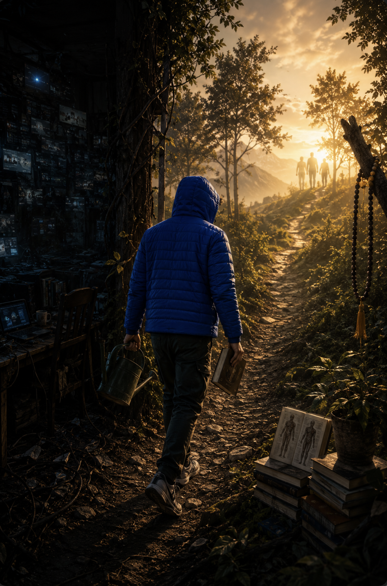 A figure leaving the dark room and walking toward a living path of discipline, family, faith, medicine, and renewal. The image does not represent arrival. It represents initiation. The final intervention is not another plan, another system, or another confession. It is obedience made visible through movement.